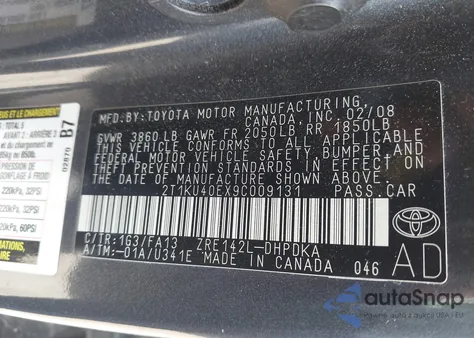 2009 Toyota Matrix из США, поврежденный, VIN 2T1KU40EX9C009131